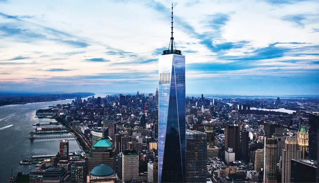 Aerial view of the top of One World Trade building in Manhattan