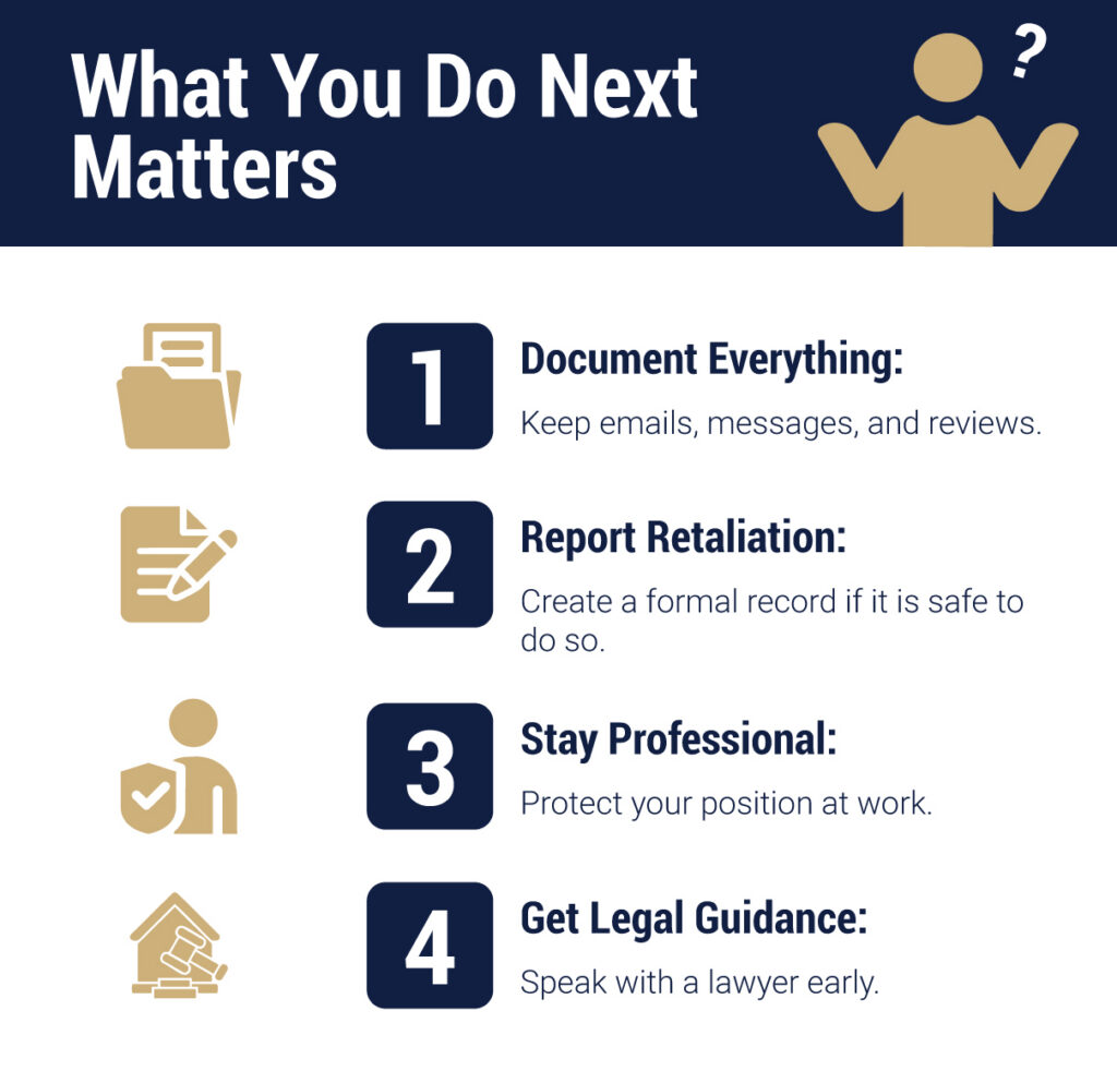 Infographic listing what to do during workplace retaliation